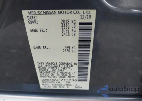 2020 Nissan Altima S Intelligent Awd из США, поврежденный, VIN 1N4BL4BW5LC213236